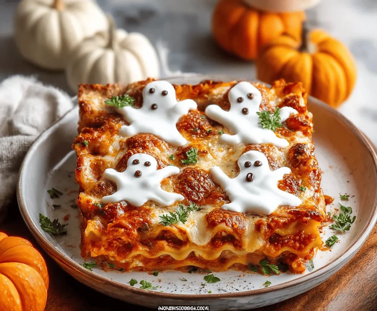 A spooky-themed ghostly lasagna layered with cheese and sauce, garnished with black olives and herbs, perfect for Halloween dinner.