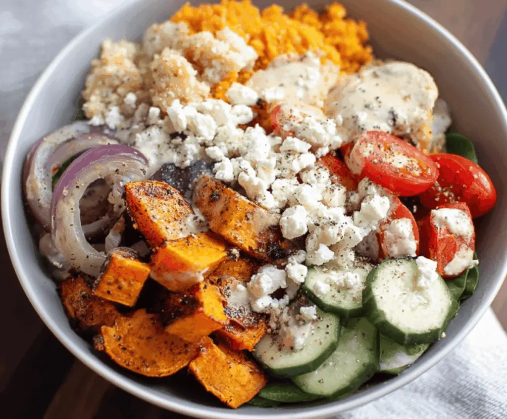 Delicious Greek Sweet Potato Bowls topped with fresh herbs and feta cheese for a healthy, colorful meal.