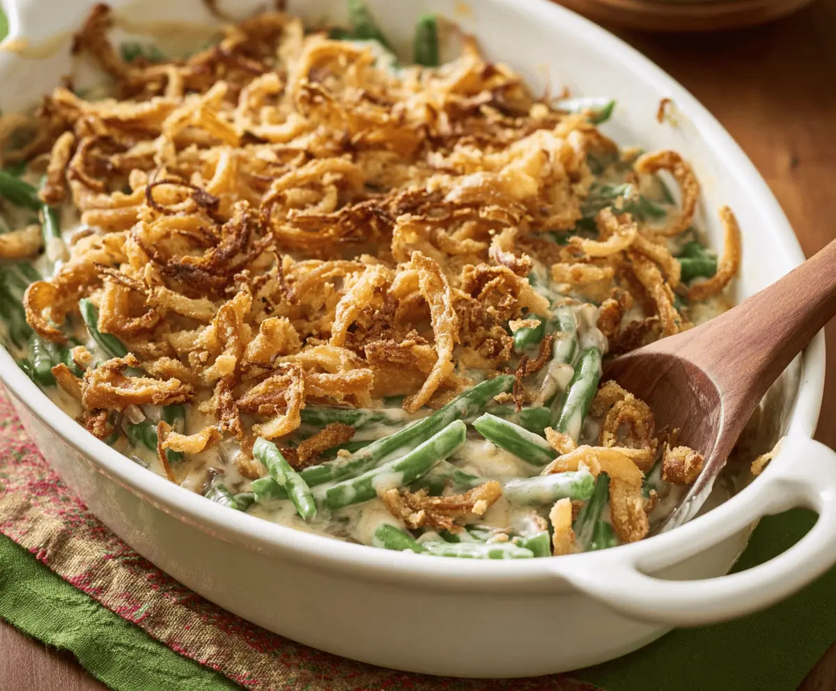 Creamy green bean casserole topped with crispy fried onions, served in a baking dish, perfect for holiday dinners and family gatherings.