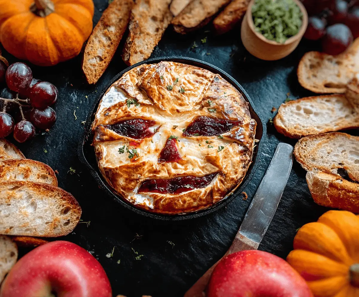 Creamy baked brie cheese decorated for Halloween with spooky toppings, perfect for a festive appetizer.