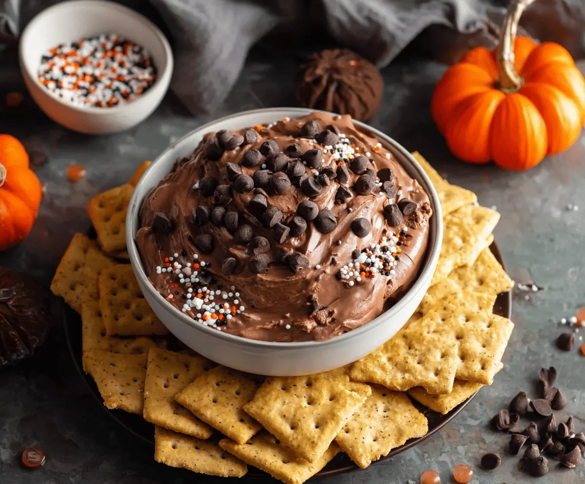 Delicious Halloween Brownie Batter Dip served with spooky toppings and colorful candies, perfect for festive parties.