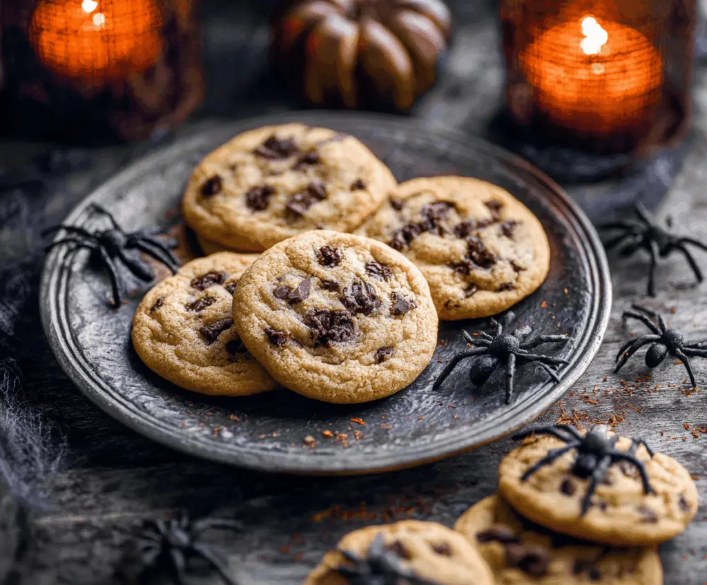 Delicious Halloween-themed chocolate chip cookies with spooky decorations on a festive plate