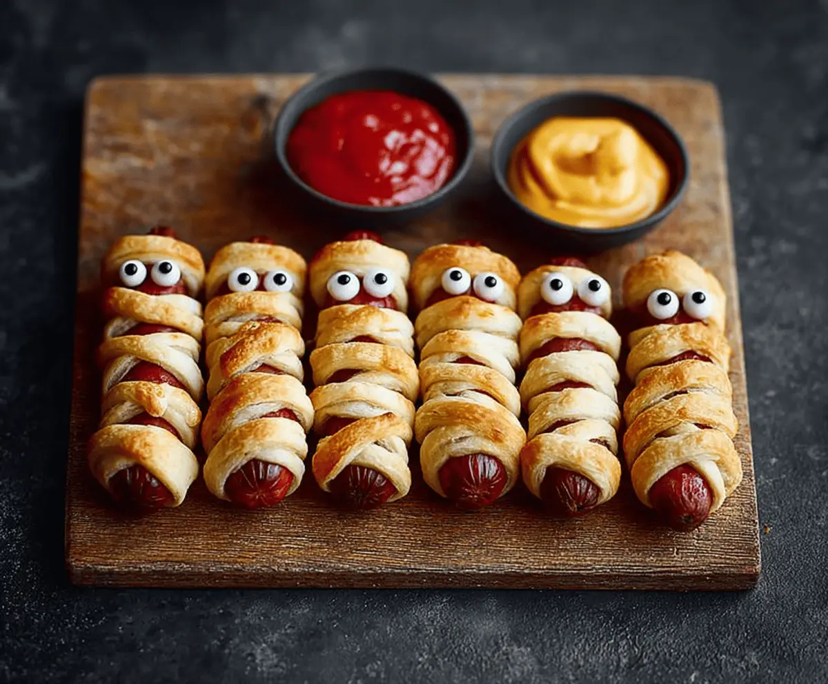 Fun Halloween Mummy Sausages wrapped in puff pastry with olive eyes, perfect for spooky party snacks.