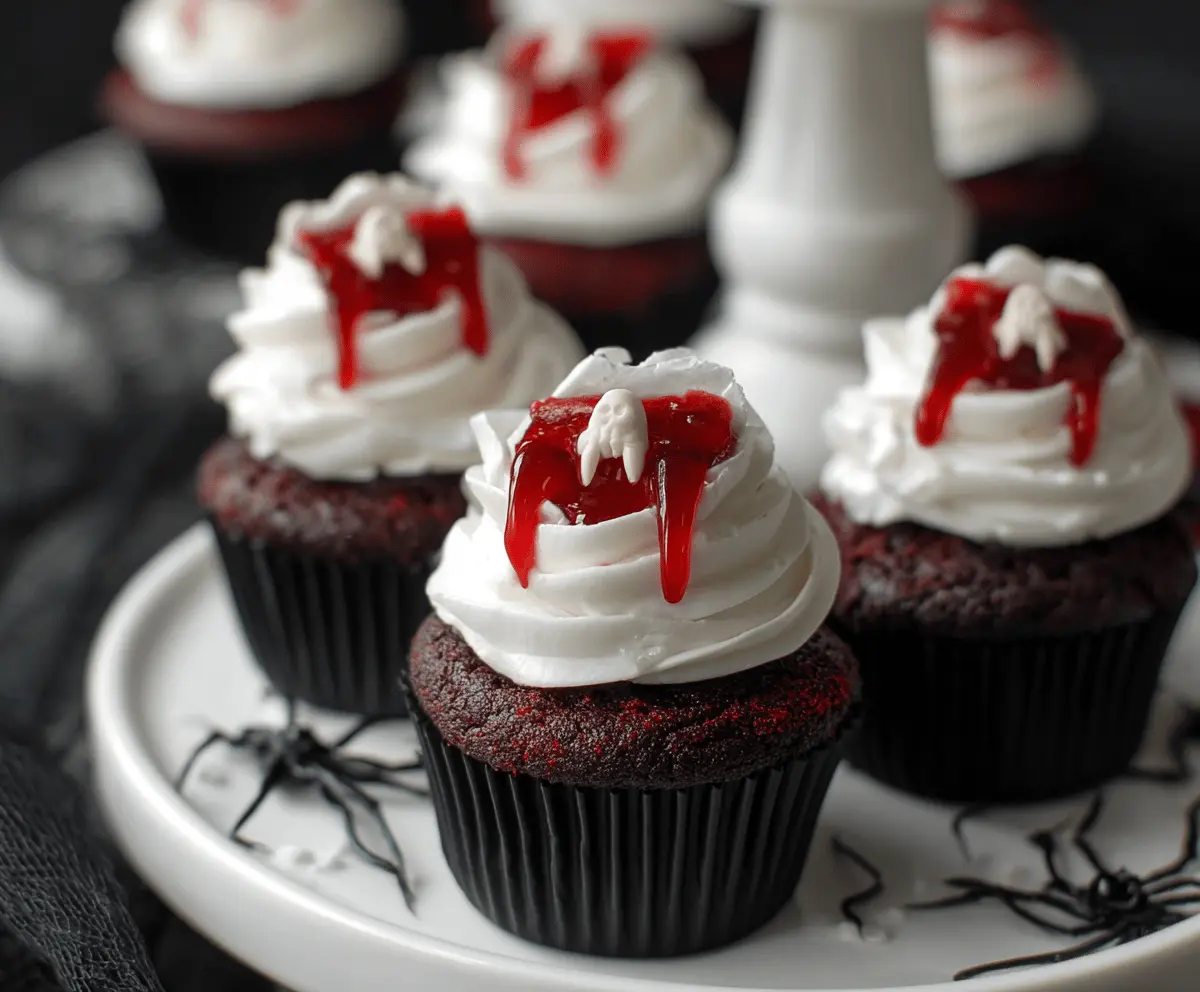 Delicious Halloween Vampire Bite Cupcakes decorated with red frosting and edible fangs for spooky festivities