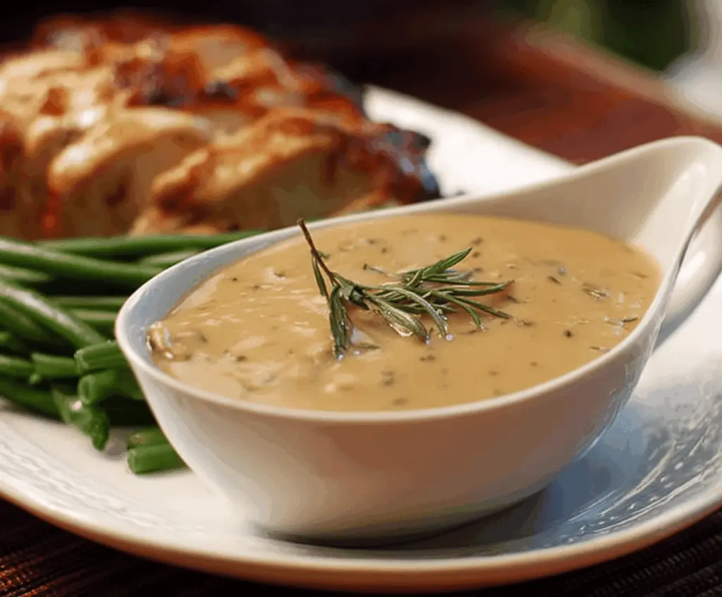Delicious herbed turkey gravy served over a festive holiday meal.
