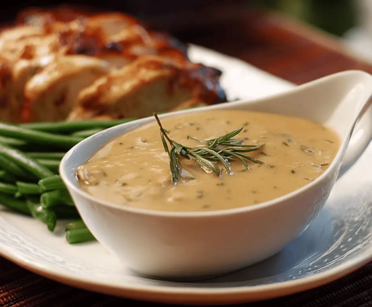 Delicious herbed turkey gravy served over a festive holiday meal.