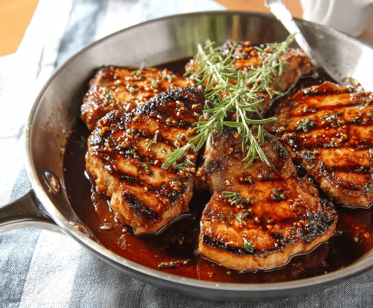 Juicy honey garlic pork chops garnished with fresh herbs on a rustic wooden table, perfect for a flavorful dinner