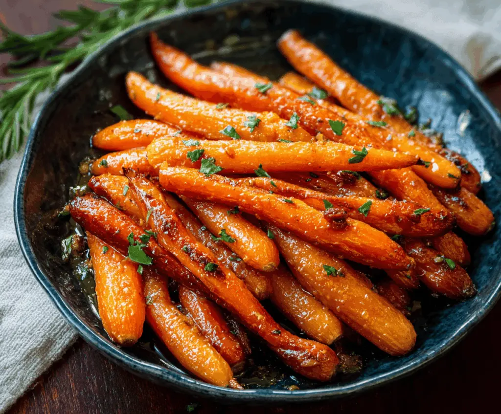 Golden honey glazed carrots served on a white plate, garnished with fresh herbs and sprinkled with sesame seeds, perfect for a sweet and savory side dish.