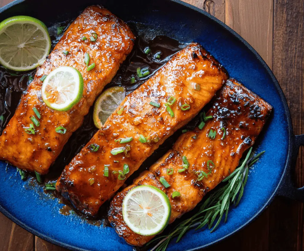Juicy honey glazed salmon fillet topped with a golden honey glaze, served with fresh lemon slices and green herbs on a white plate.