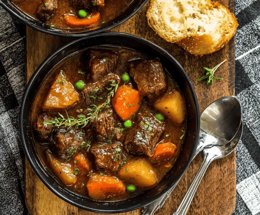 Delicious homemade Instant Pot beef stew with tender beef chunks, carrots, potatoes, and savory broth in a white bowl