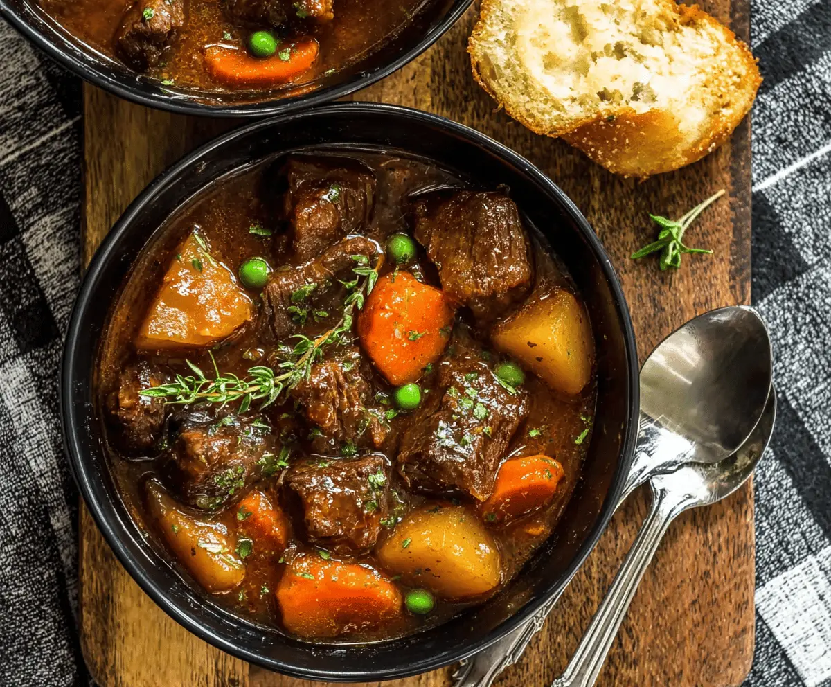 Delicious homemade Instant Pot beef stew with tender beef chunks, carrots, potatoes, and savory broth in a white bowl