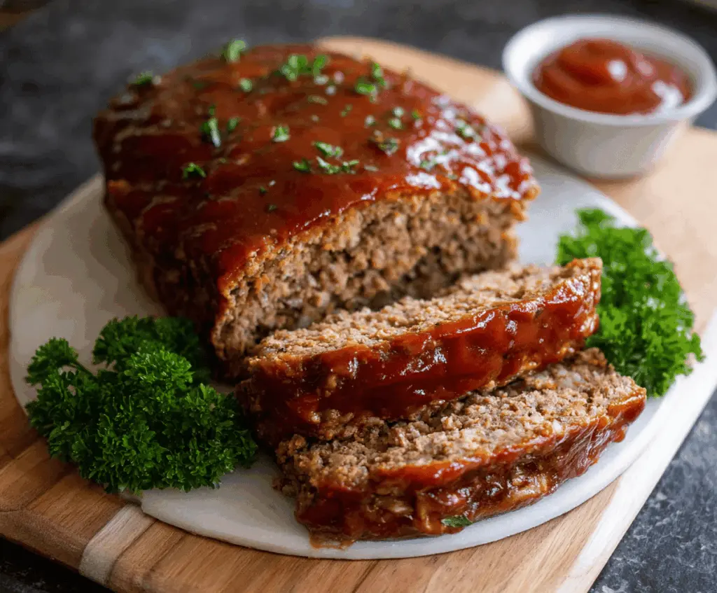 Delicious homemade Instant Pot meatloaf topped with ketchup, served on a plate with sides, ready for dinner