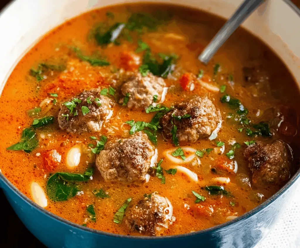 A steaming bowl of Italian Meatball Soup with tender meatballs, fresh vegetables, and herbs garnished with grated cheese, served in a rustic ceramic bowl.