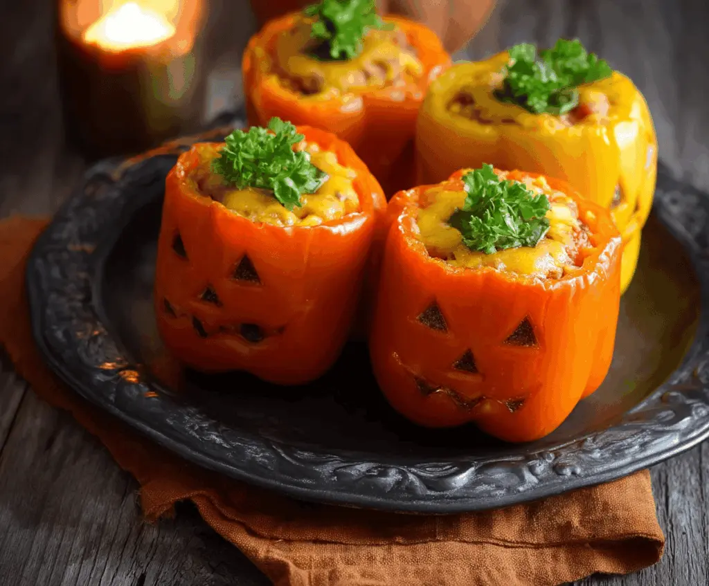 Colorful jack-o'-lantern stuffed peppers filled with savory ingredients, perfect for Halloween-themed meals and festive celebrations.
