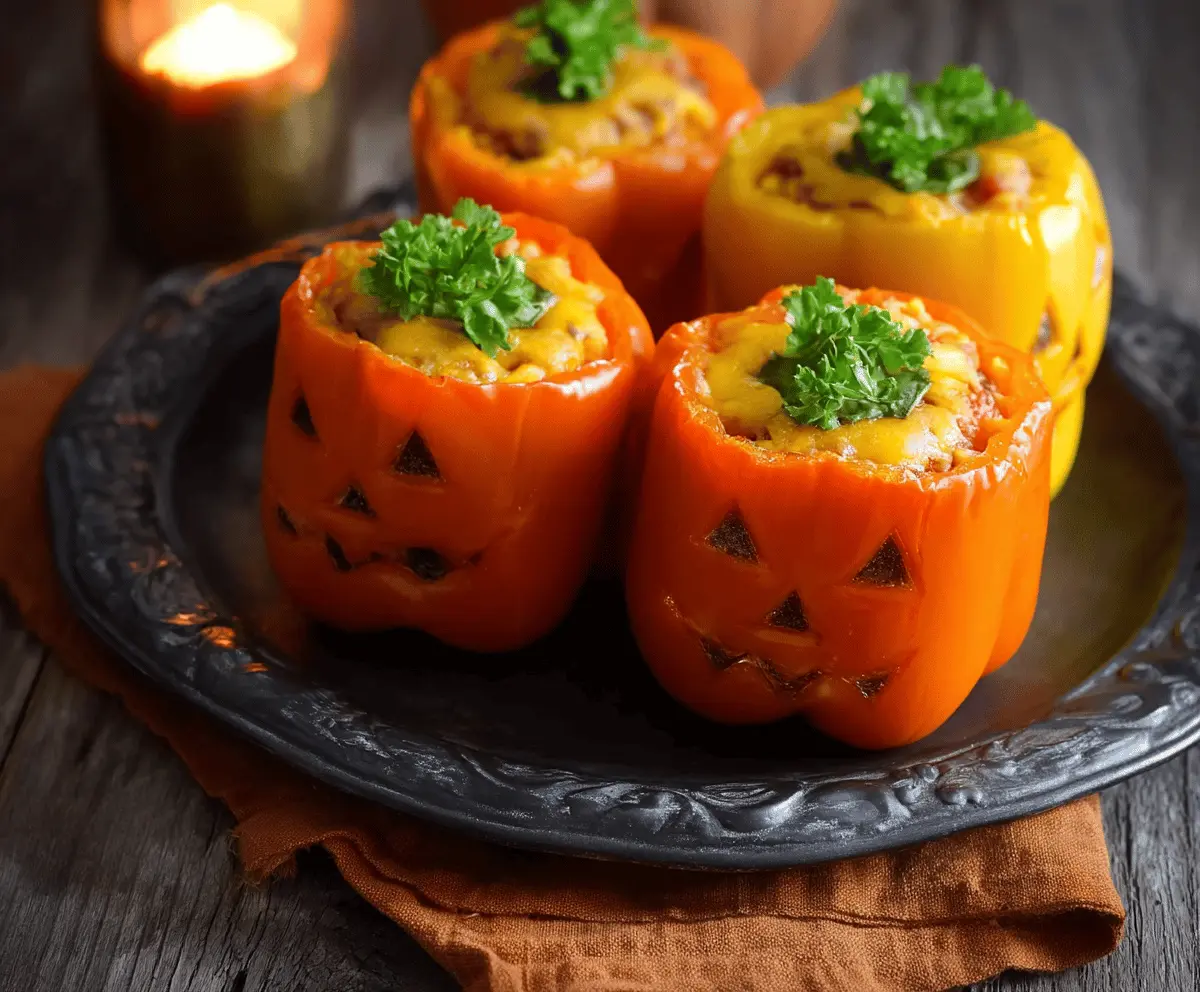 Colorful jack-o'-lantern stuffed peppers filled with savory ingredients, perfect for Halloween-themed meals and festive celebrations.