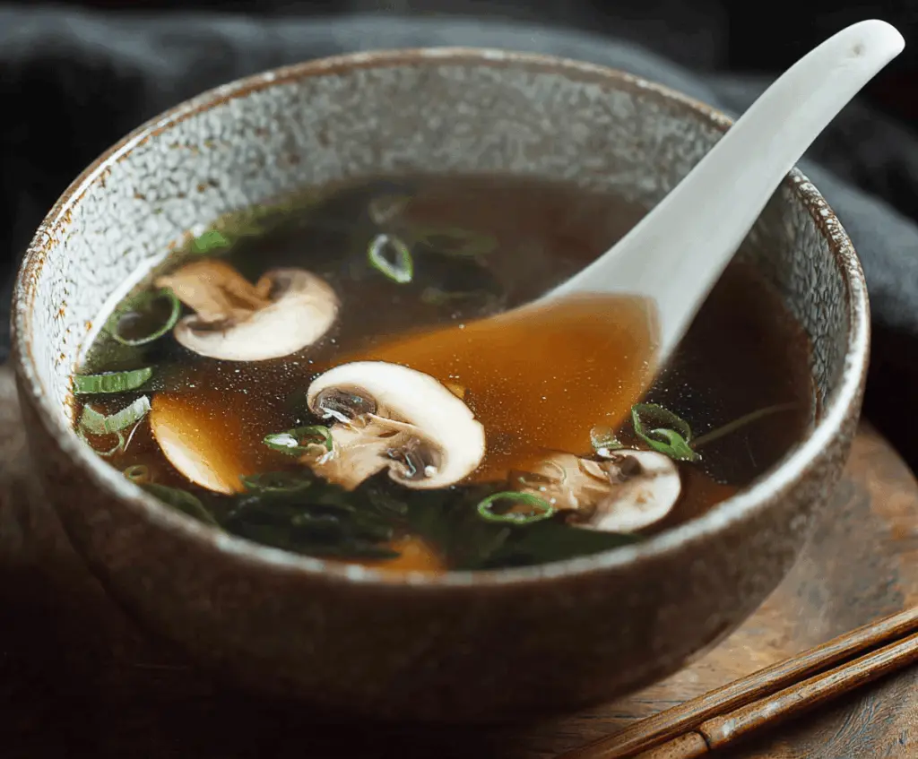 A steaming bowl of Japanese clear soup garnished with green onions, shiitake mushrooms, and tofu cubes, served in a traditional ceramic bowl.