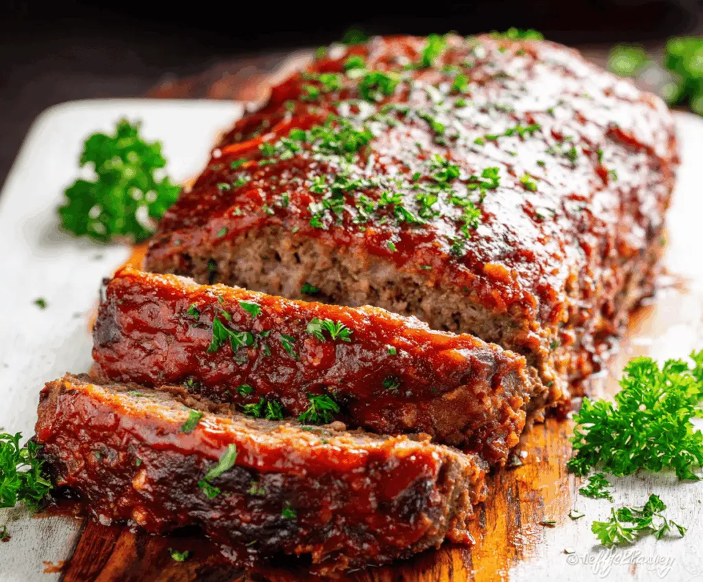 Delicious homemade keto meatloaf garnished with fresh herbs on a white plate, perfect for low-carb dinners