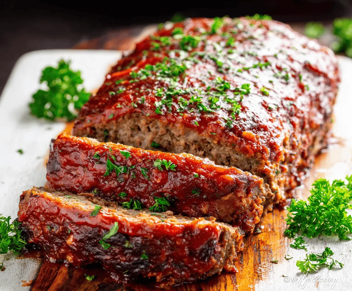 Delicious homemade keto meatloaf garnished with fresh herbs on a white plate, perfect for low-carb dinners