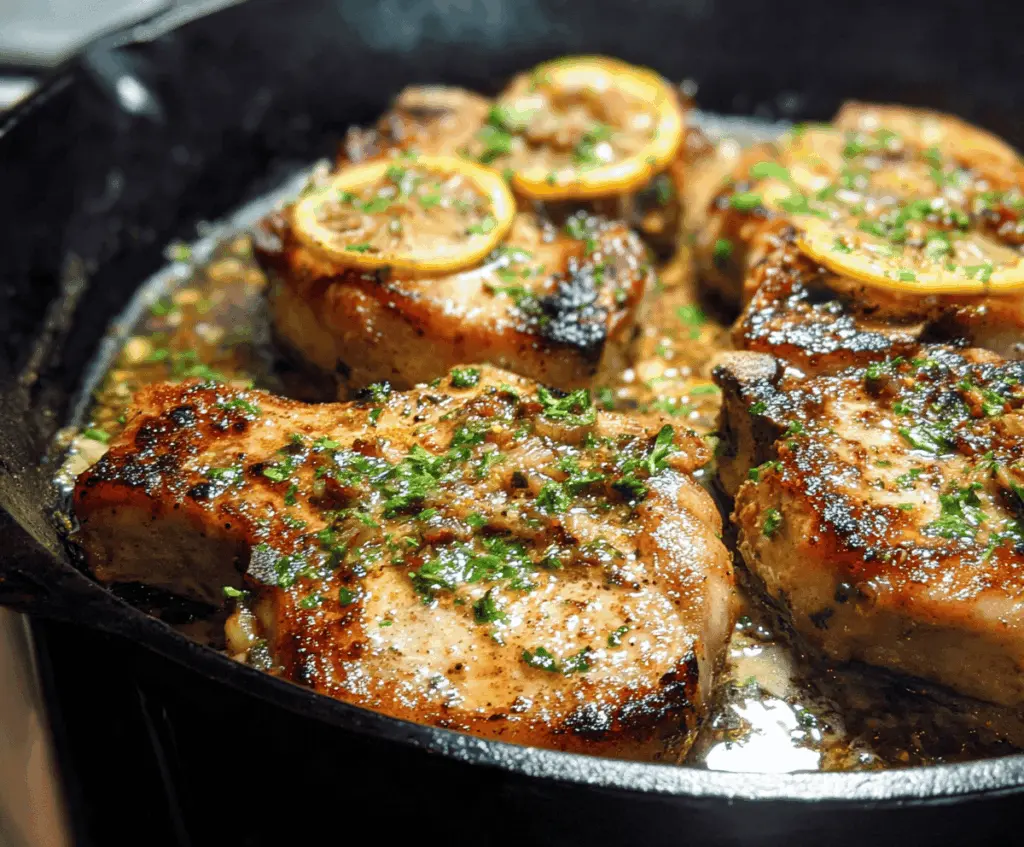Juicy lemon garlic pork chops served with fresh herbs on a white plate.
