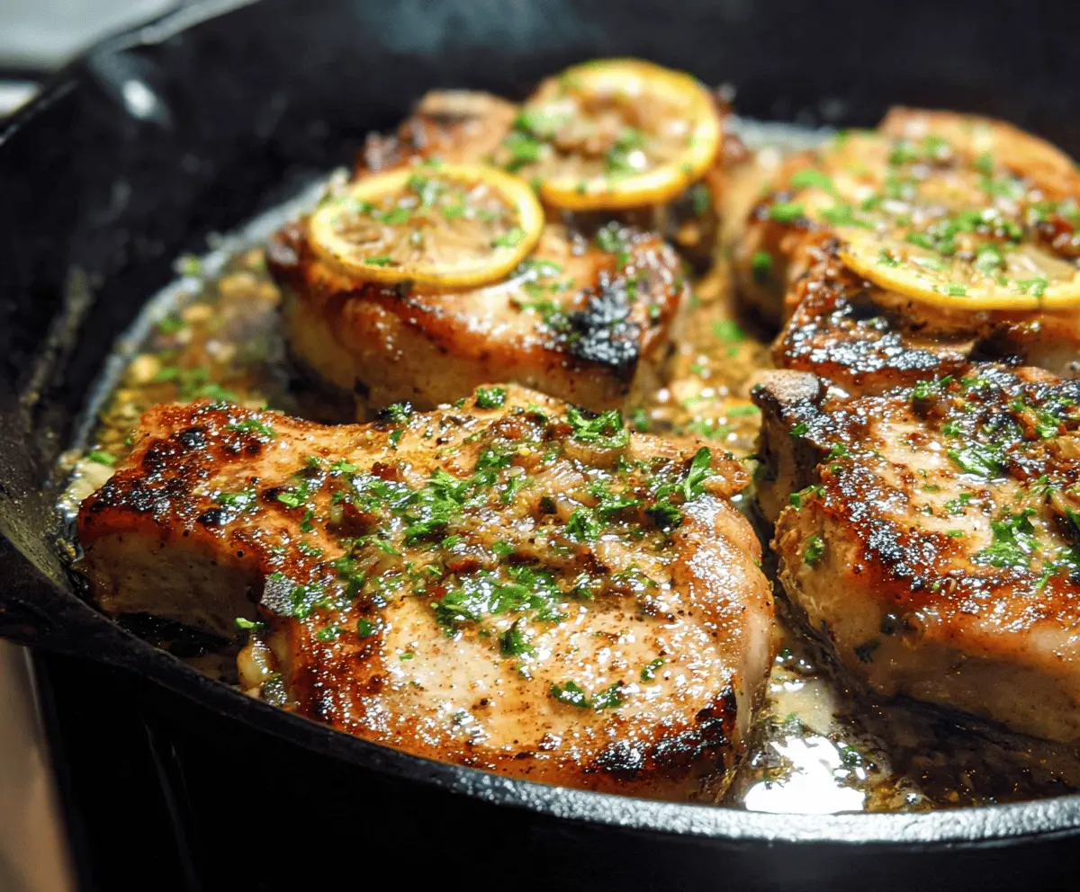 Juicy lemon garlic pork chops served with fresh herbs on a white plate.