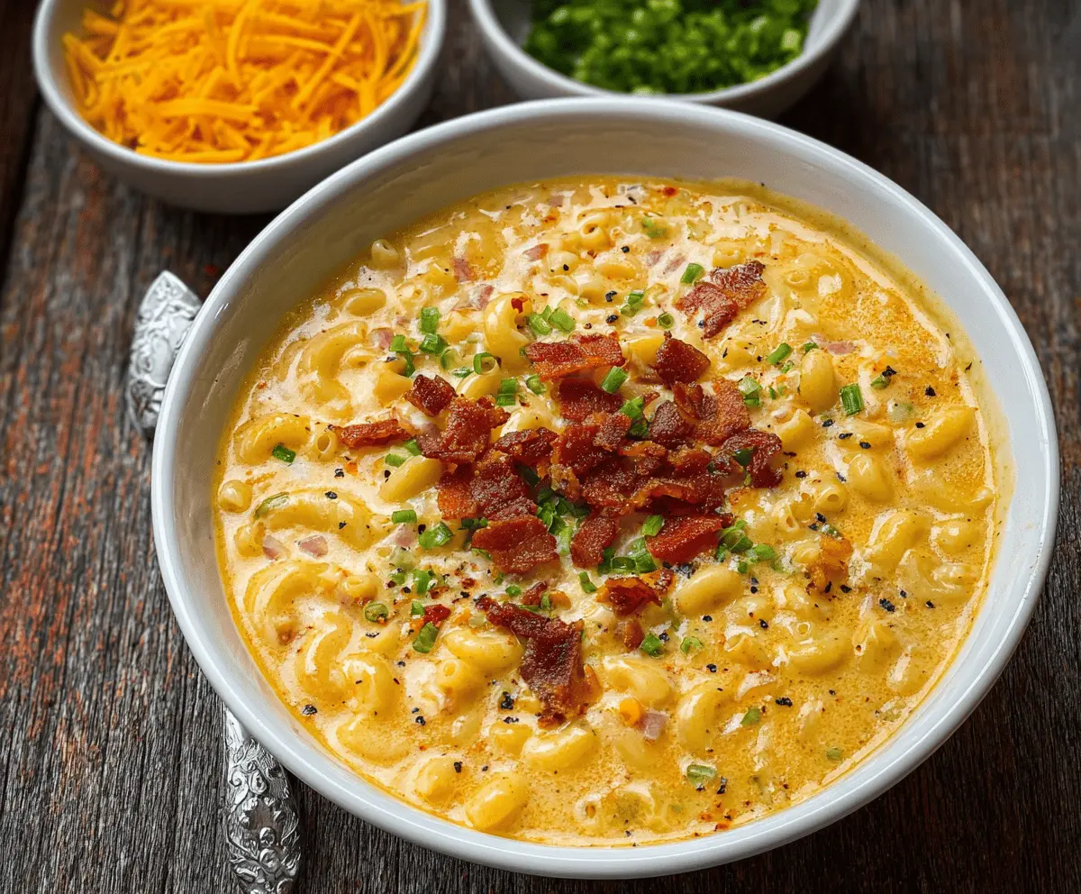 Creamy homemade Mac and Cheese Soup served in a bowl with melted cheese and pasta, perfect for a comforting meal.