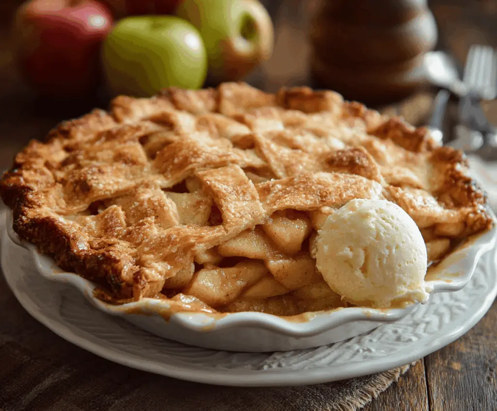 Delicious homemade Maple Apple Pie with golden crust and caramelized apple filling on a rustic wooden table