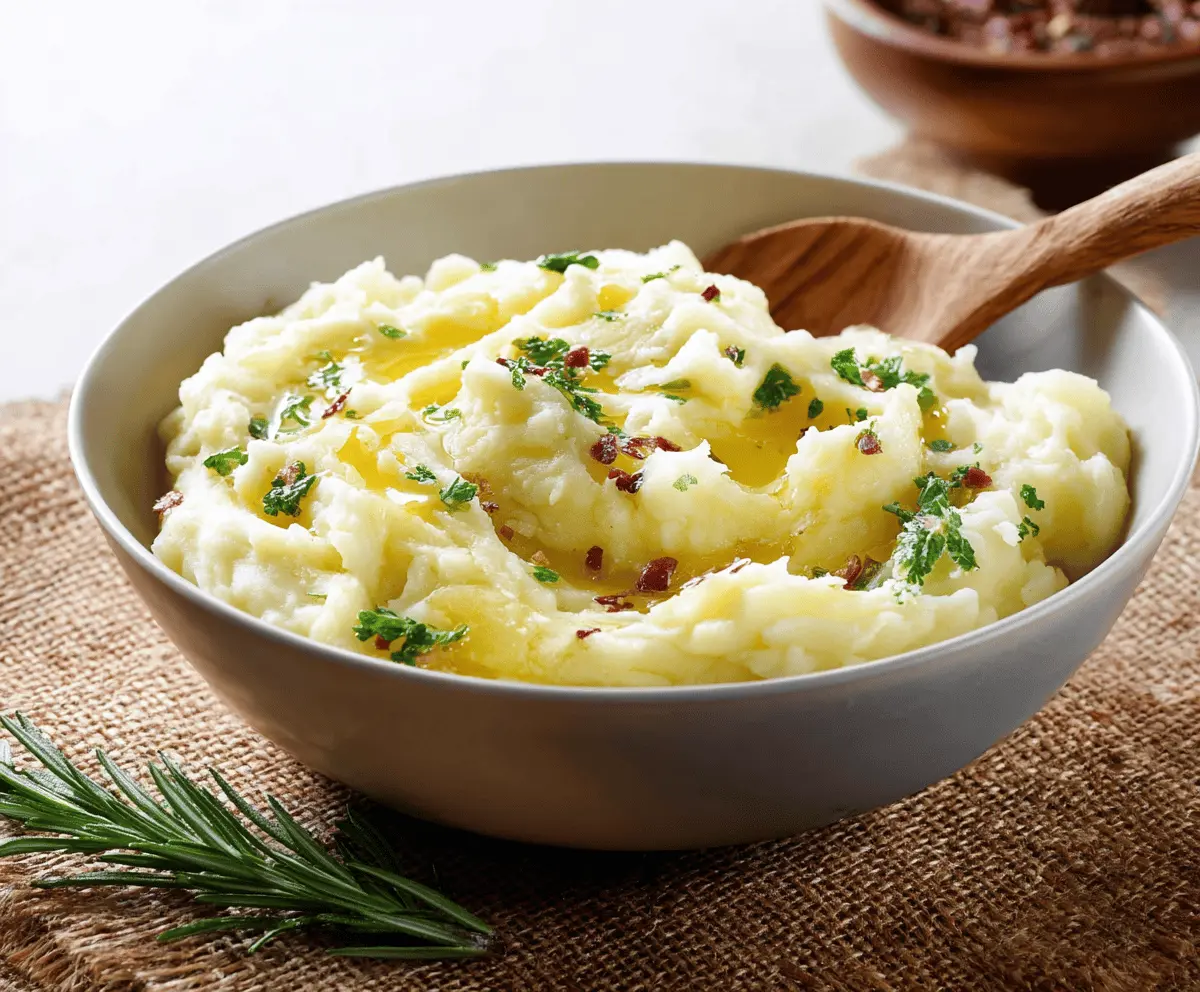 Creamy homemade mashed potatoes garnished with fresh herbs in a white bowl, perfect for a comforting side dish.
