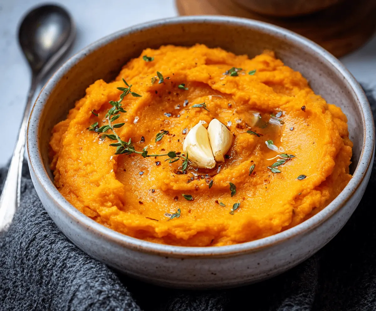 Creamy mashed sweet potatoes with garlic garnished with fresh herbs, perfect for a flavorful and healthy side dish.