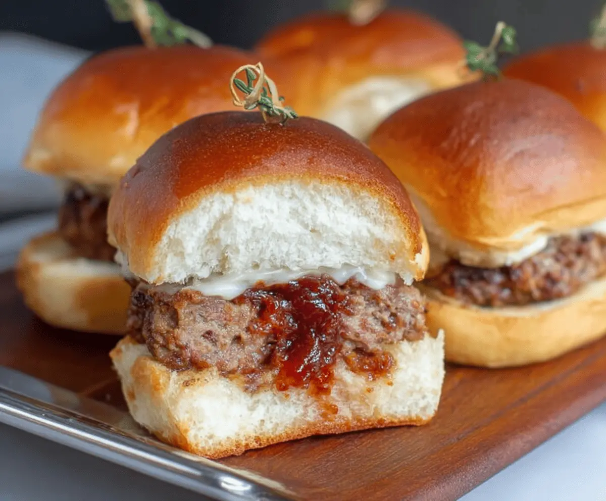 Delicious meatloaf sliders topped with melted cheese and fresh herbs on a serving platter