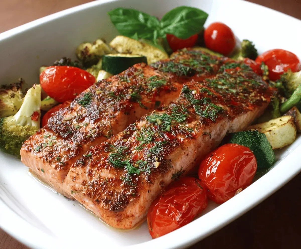 Delicious Mediterranean Salmon Bake featuring seasoned salmon fillets topped with cherry tomatoes, Kalamata olives, fresh herbs, and lemon slices, served on a white plate.
