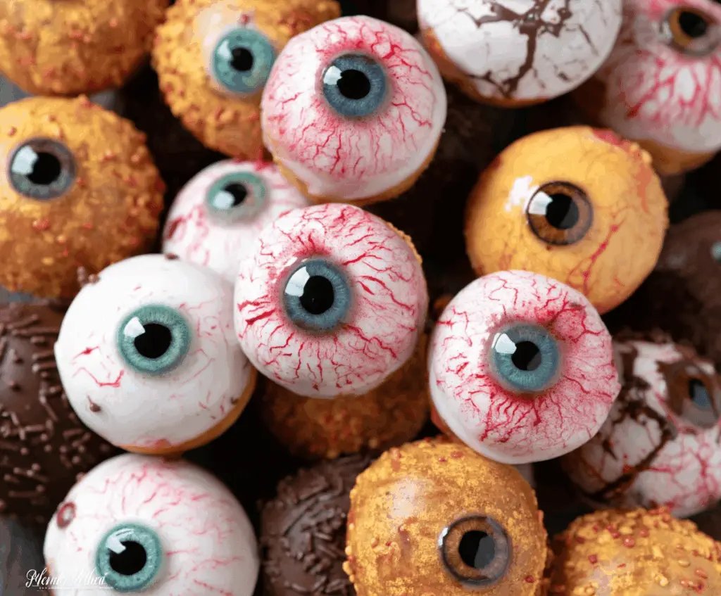 Colorful Monster Donut Eyeballs with bright icing, spooky googly eyes, and colorful sprinkles, perfect for Halloween treats