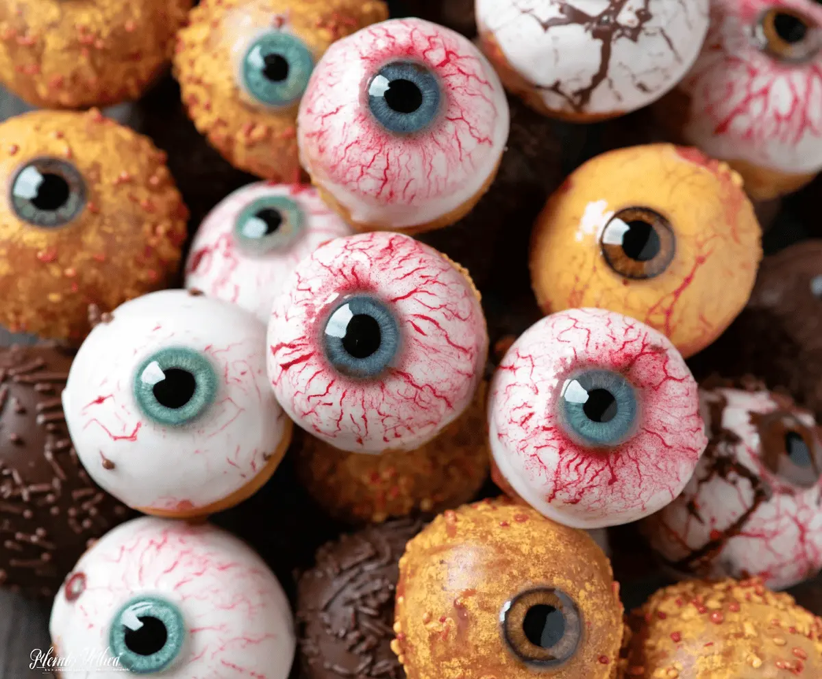 Colorful Monster Donut Eyeballs with bright icing, spooky googly eyes, and colorful sprinkles, perfect for Halloween treats