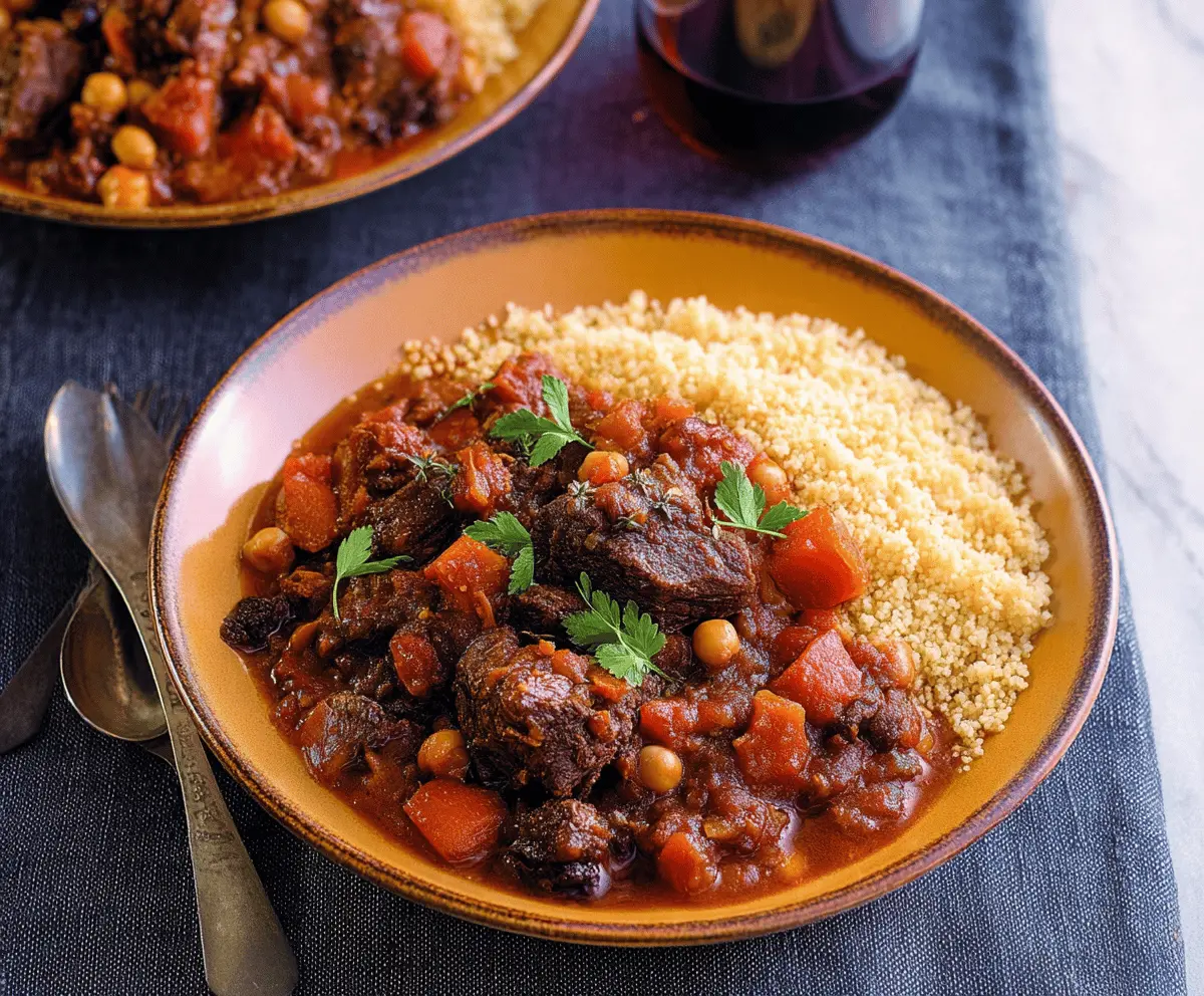 Savory Moroccan Beef Stew with tender beef chunks, aromatic spices, vegetables, and fresh herbs served in a rustic bowl