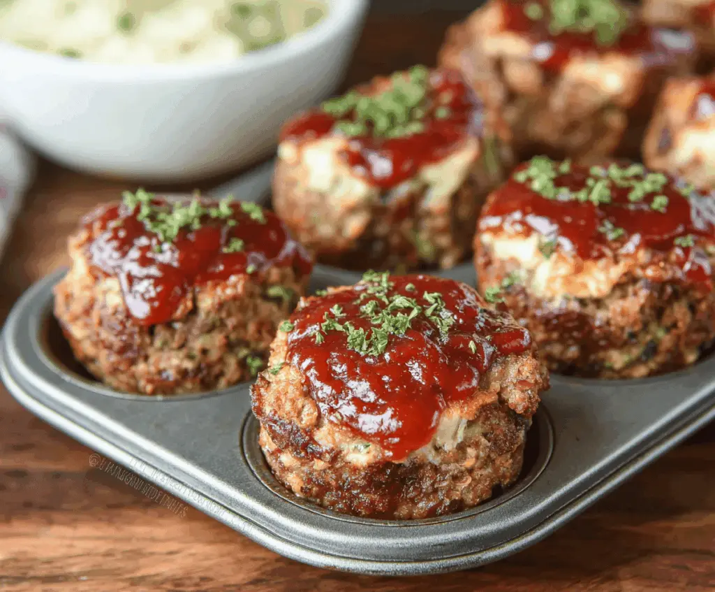 Delicious muffin tin meatloaf served in individual portions with a crispy top and savory flavor, perfect for a family dinner.