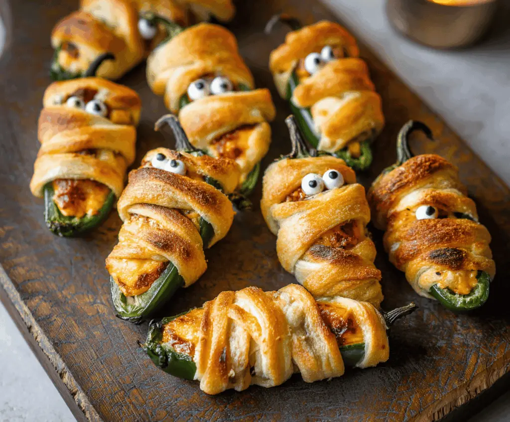 Spooky Mummy Jalapeño Poppers with melted cheese and bacon bandages, perfect for Halloween appetizers
