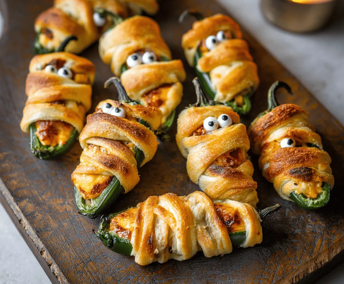 Spooky Mummy Jalapeño Poppers with melted cheese and bacon bandages, perfect for Halloween appetizers