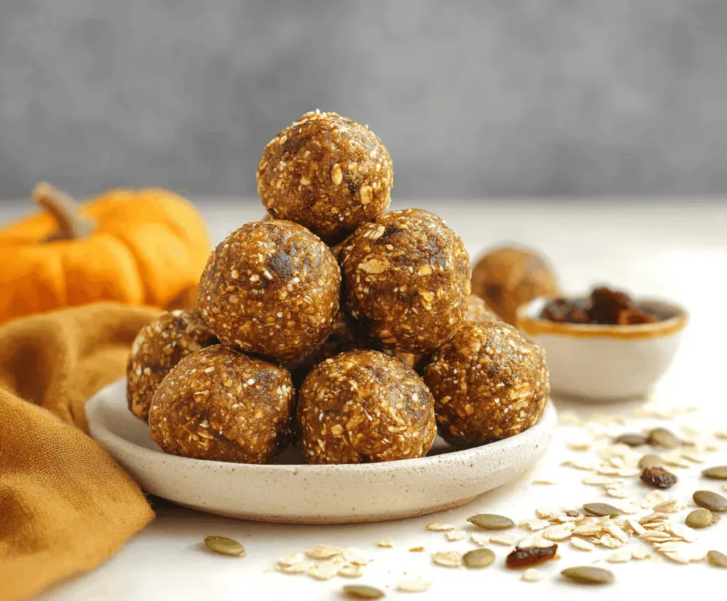 Delicious homemade oatmeal pumpkin protein balls with chia seeds and cinnamon on a wooden surface