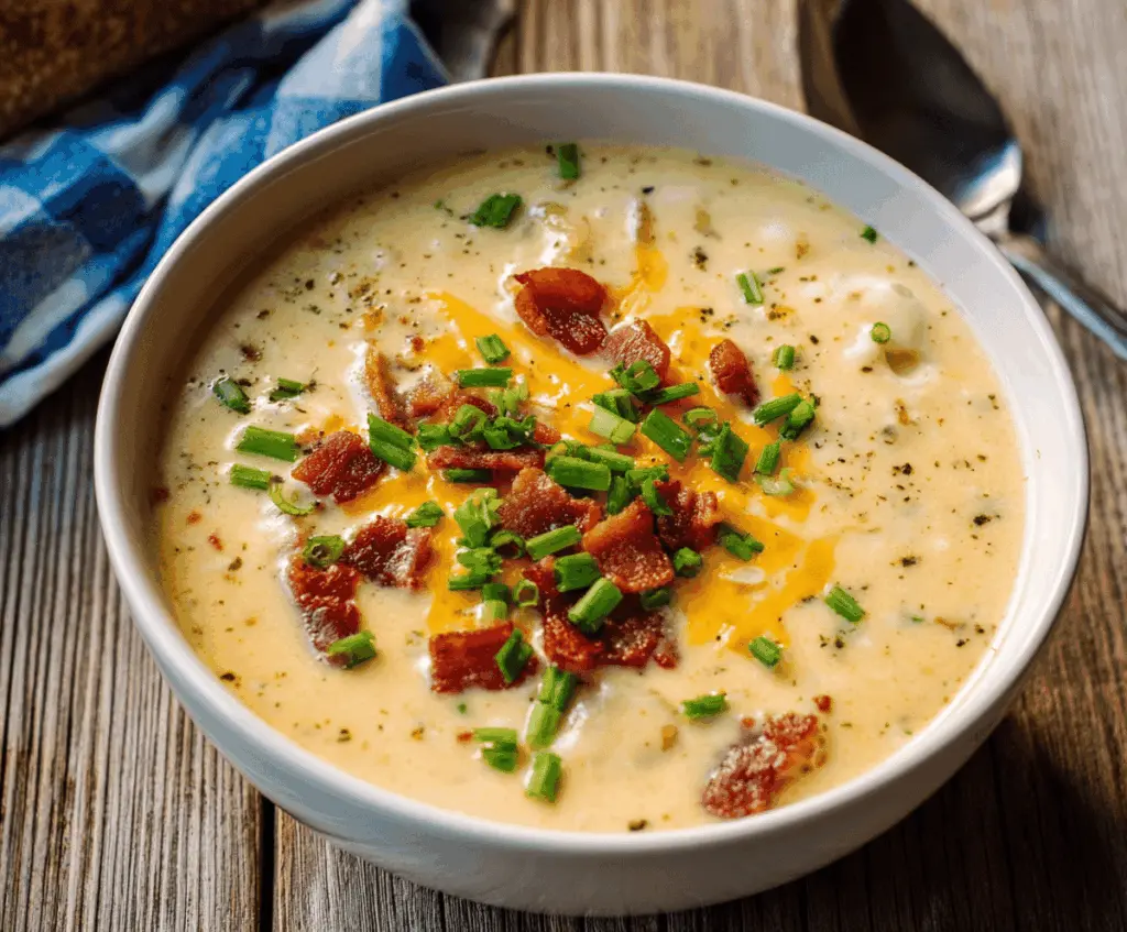 Creamy Outback Potato Soup in a bowl garnished with fresh herbs, served with crusty bread on a rustic wooden table.