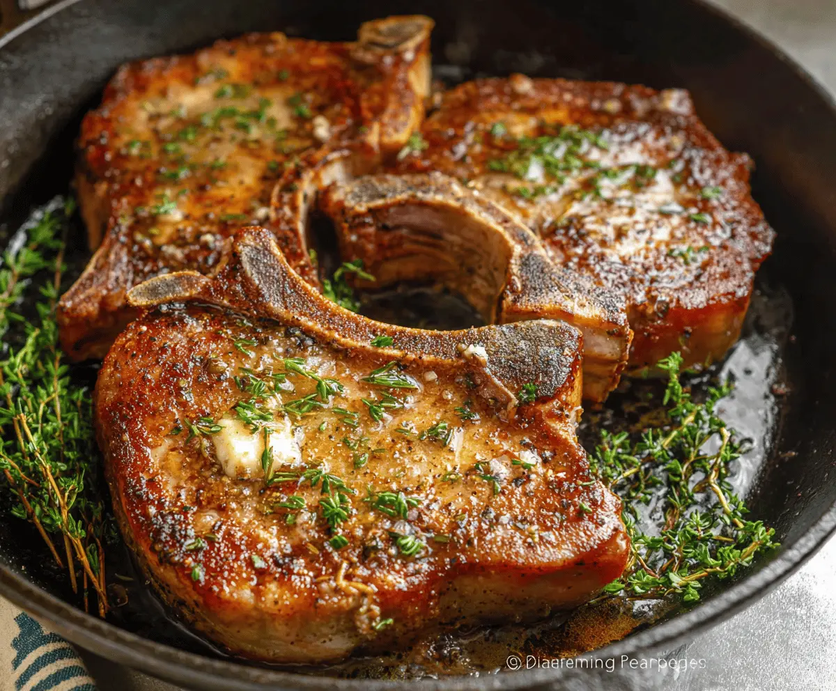 Juicy pan-seared pork chops with golden-brown crust served on a plate with fresh herbs, perfect for a delicious dinner.