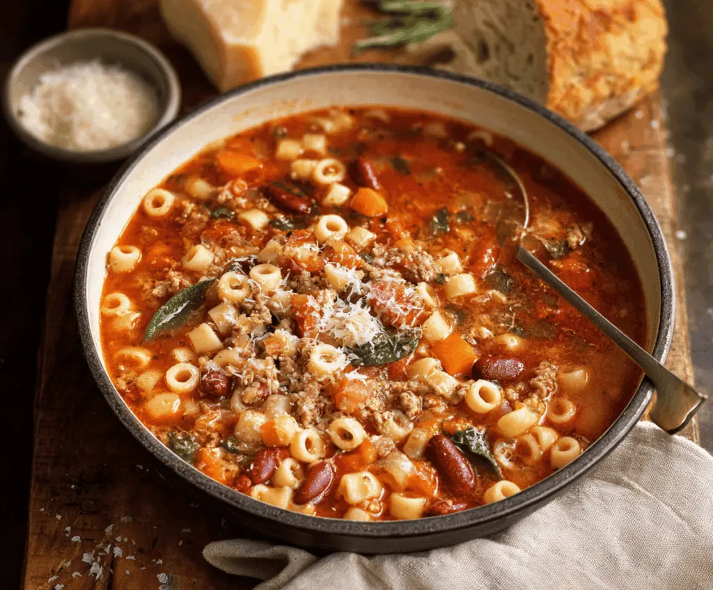 Hearty Pasta e Fagioli soup with pasta, beans, and fresh herbs in a bowl on a rustic wooden table