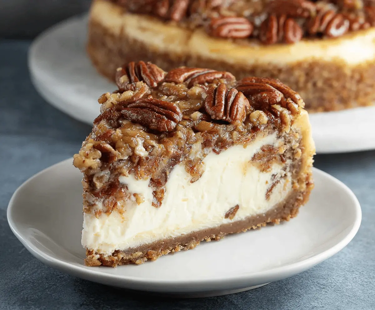 Creamy pecan pie cheesecake topped with caramelized pecans on a decorative plate.