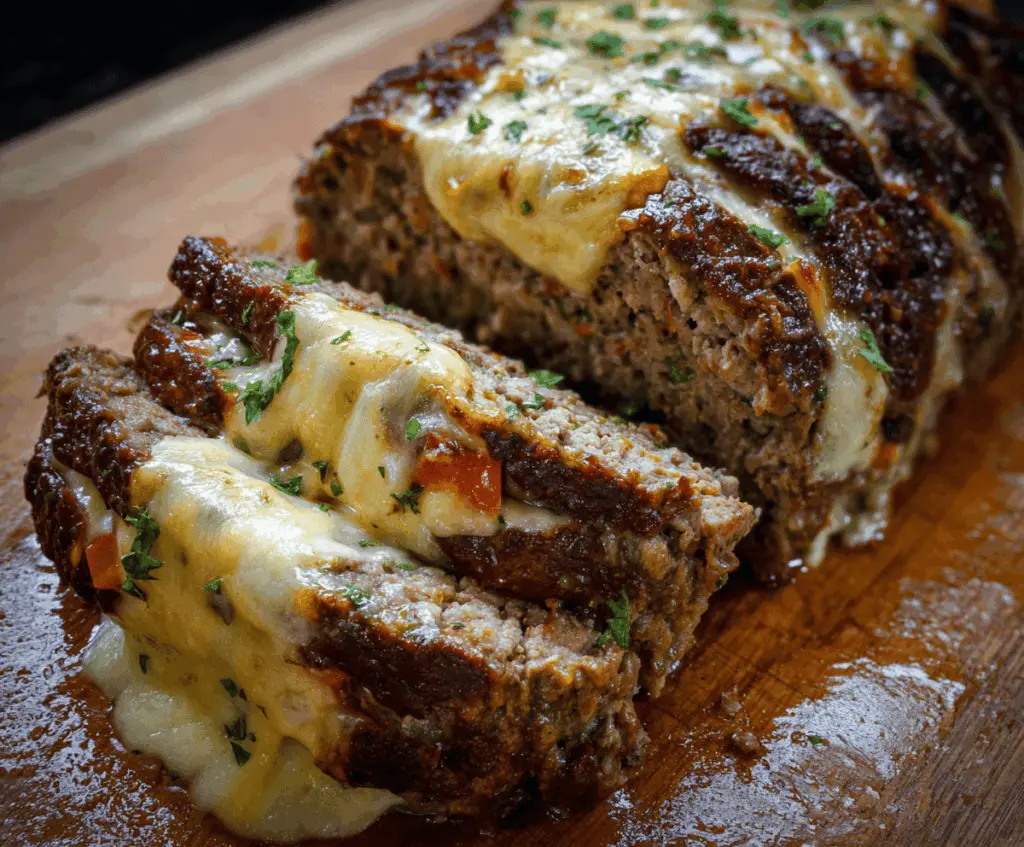 Delicious Philly Cheesesteak Meatloaf topped with melted cheese and sautéed peppers and onions on a baking dish