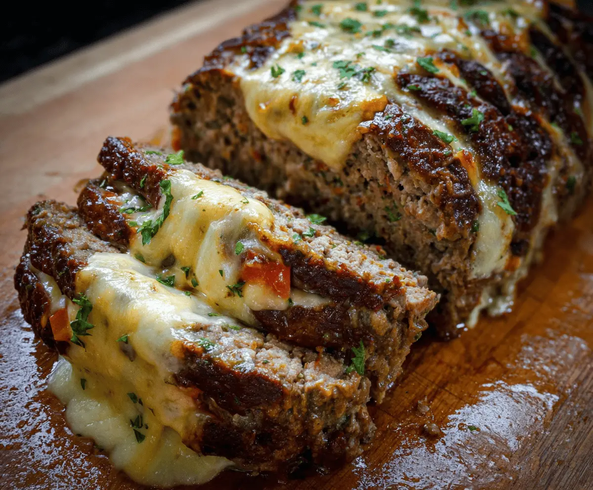 Delicious Philly Cheesesteak Meatloaf topped with melted cheese and sautéed peppers and onions on a baking dish