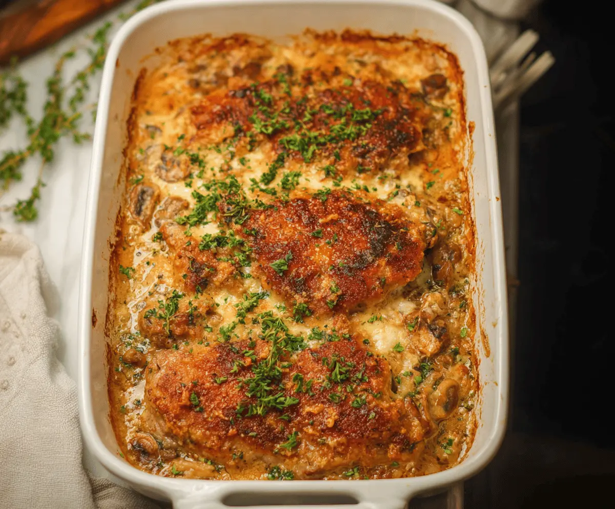 Delicious pork chop casserole topped with melted cheese and fresh herbs, served in a baking dish