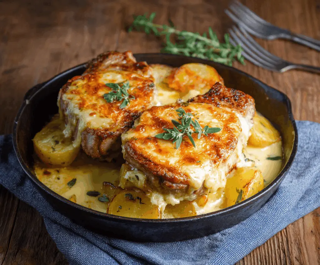 Delicious pork chops and potatoes casserole served on a plate, showcasing a hearty and flavorful meal.