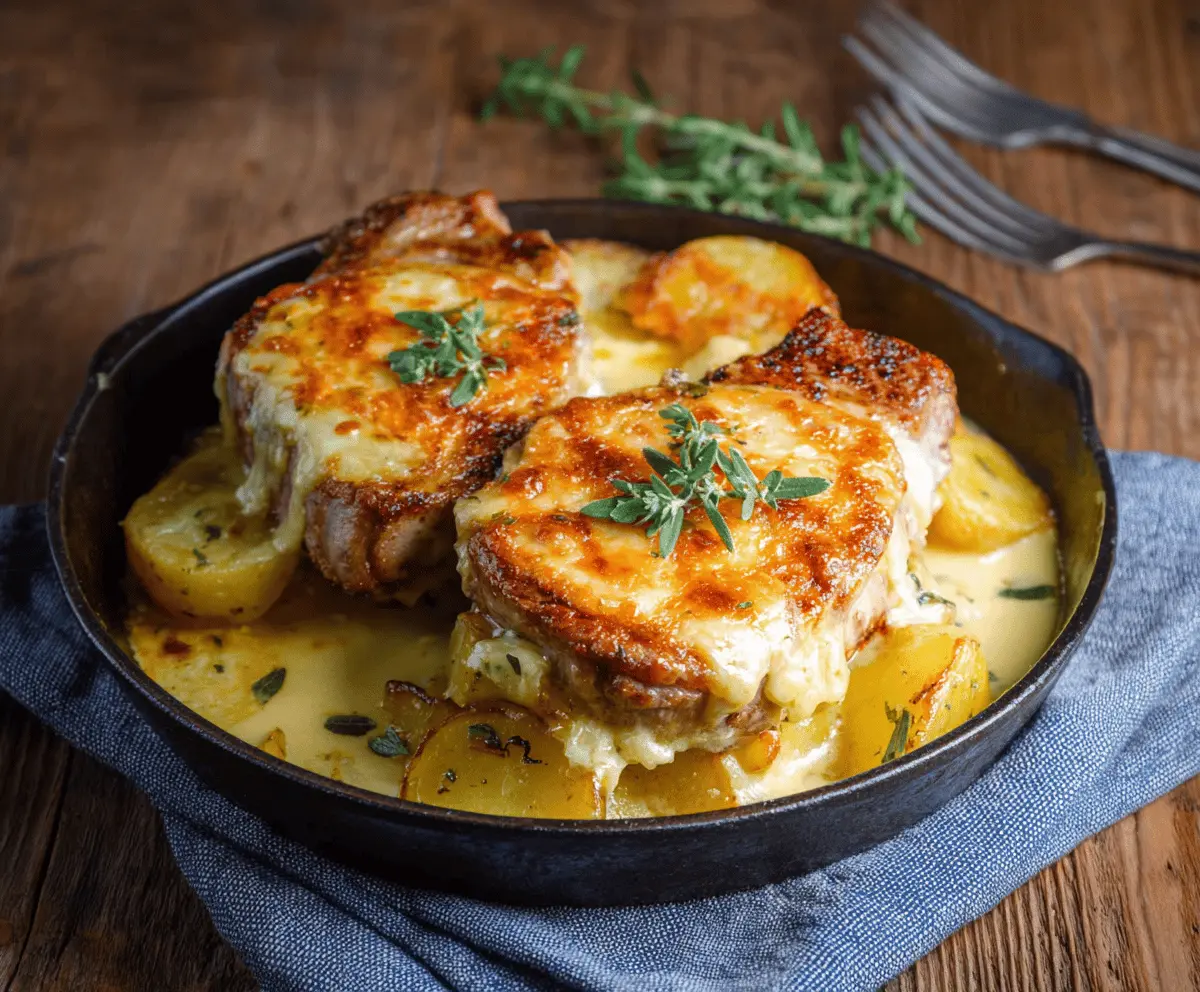 Delicious pork chops and potatoes casserole served on a plate, showcasing a hearty and flavorful meal.