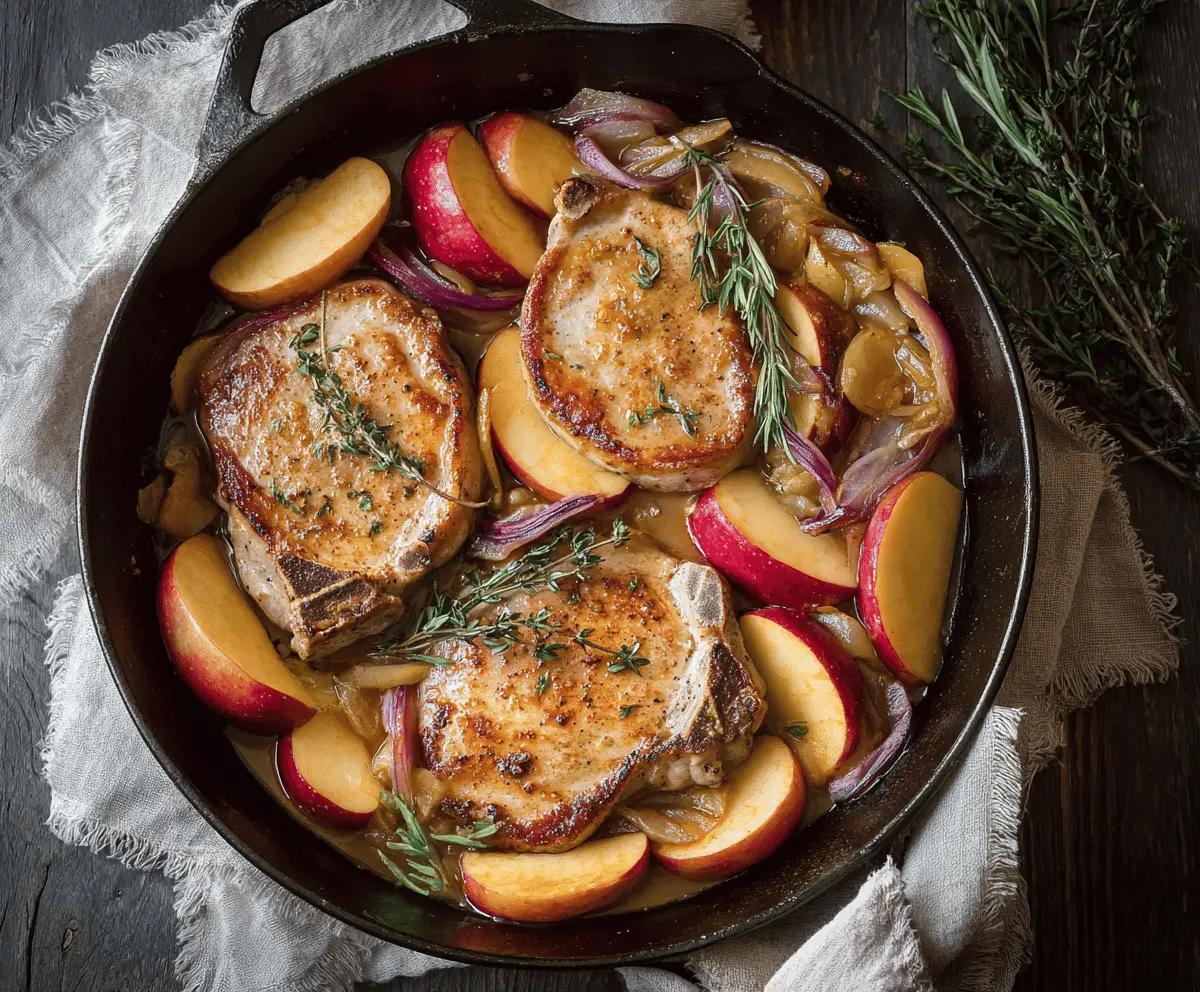 Delicious pork chops topped with caramelized apples and onions, served on a plate for a flavorful meal.