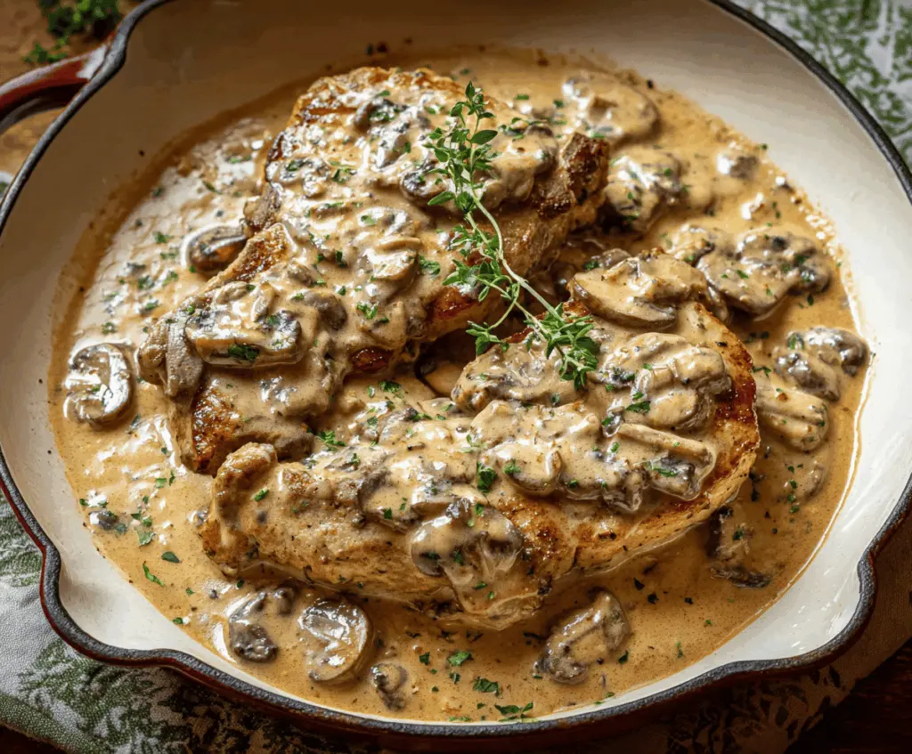 Juicy pork chops topped with creamy mushroom soup served on a plate, perfect for a hearty meal.