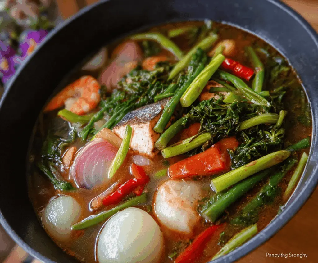 Delicious Pork Sinigang stew with tender pork, vegetables, and tangy tamarind broth in a traditional Filipino dish