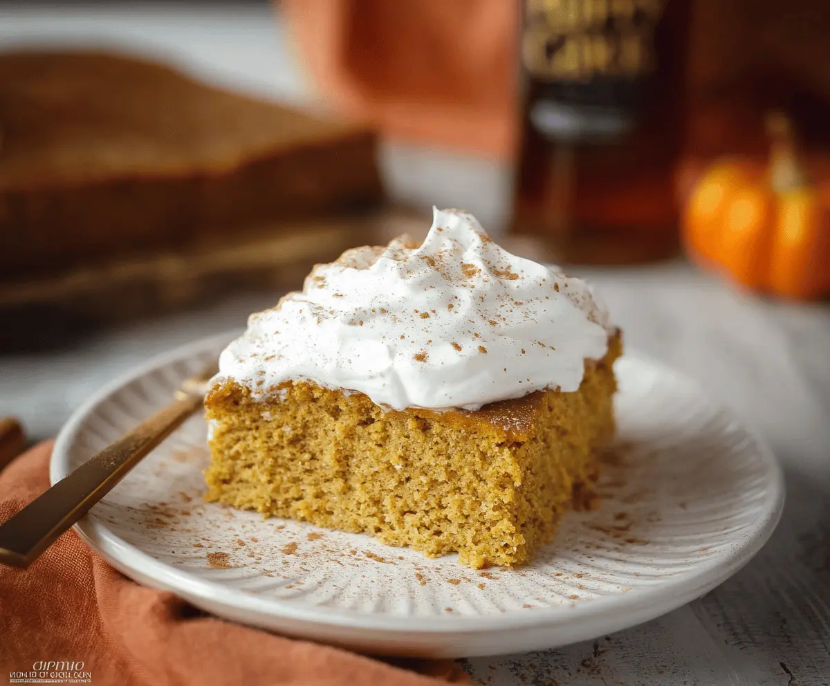 Delicious pumpkin 3-ingredient cake topped with whipped cream and cinnamon, perfect for fall desserts